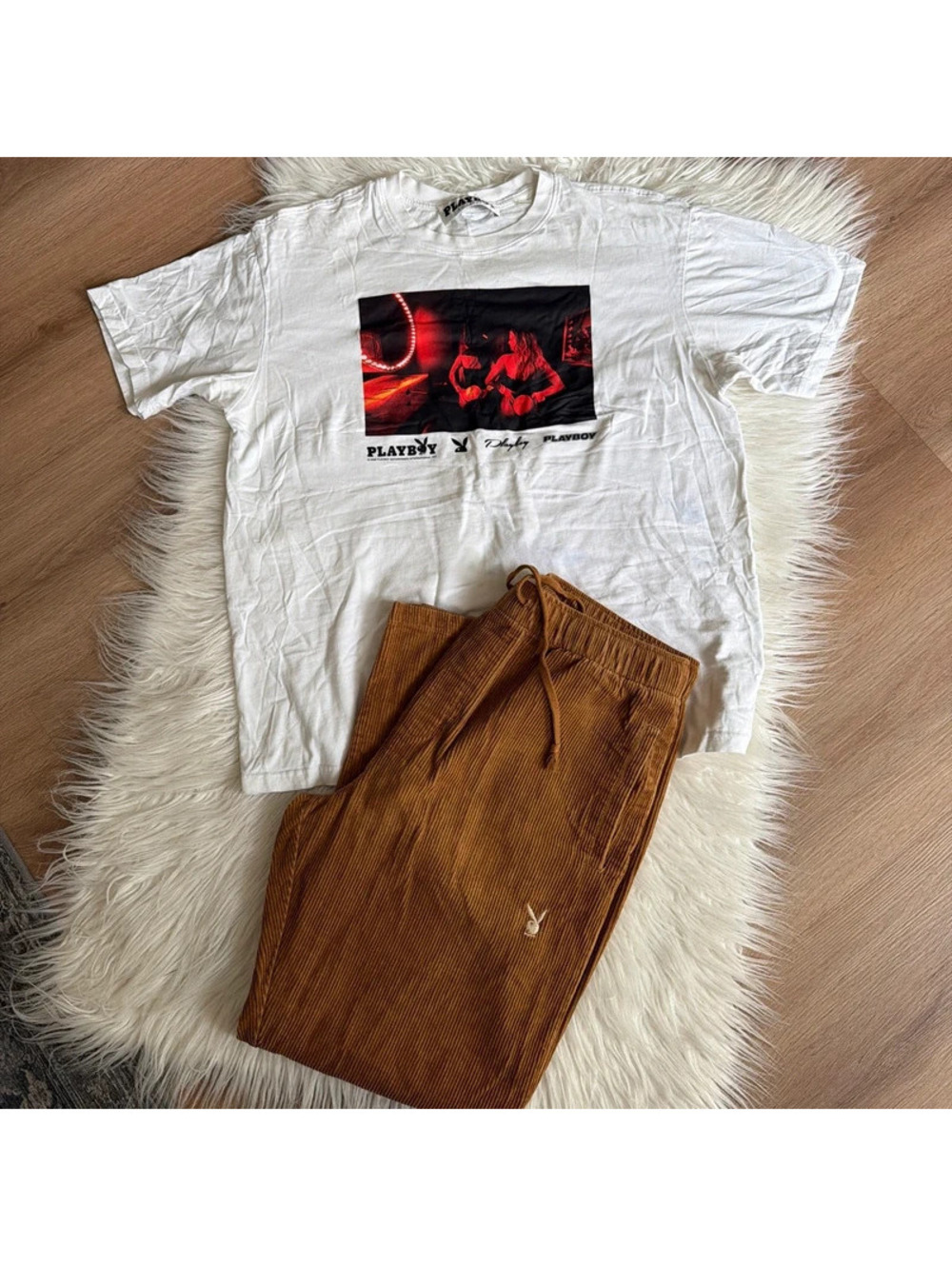 Playboy white Tee + brown Playboy corduroy pants